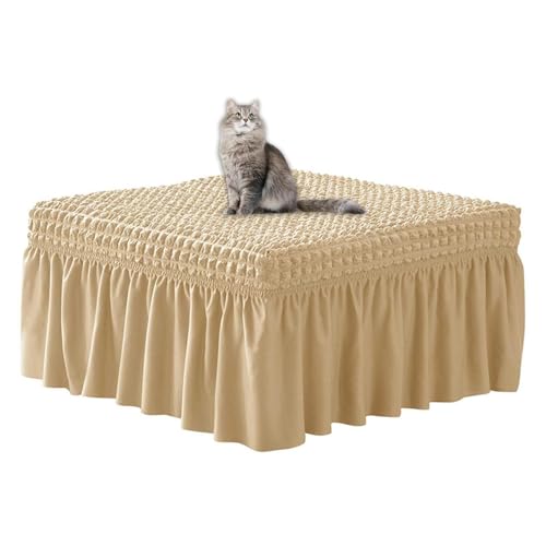 JHOMHF Stretch Ottoman Bankbezug mit Rüschenrock rechteckiger Schonbezug for Fußhocker Essbank Möbelschutz for Wohnzimmer und Schlafzimmer(Dark Beige) von JHOMHF