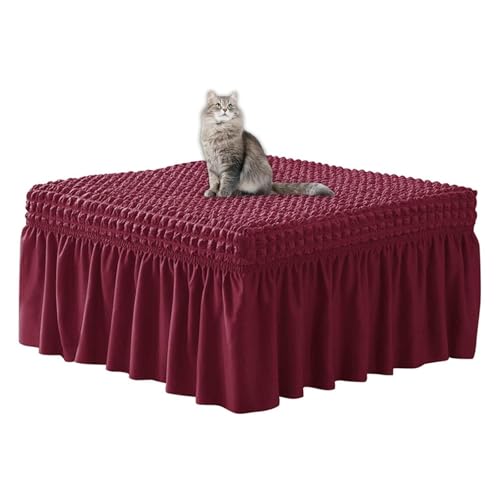 JHOMHF Stretch Ottoman Bankbezug mit Rüschenrock rechteckiger Schonbezug for Fußhocker Essbank Möbelschutz for Wohnzimmer und Schlafzimmer(Wine Red) von JHOMHF