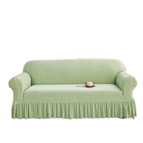 JHOMHF Stretch Sofabezug Schonbezug universeller Chenille Couchbezug mit Rock waschbarer Möbelschutz for Schlafsofa Liegesessel(Green,Double 145-185cm) von JHOMHF