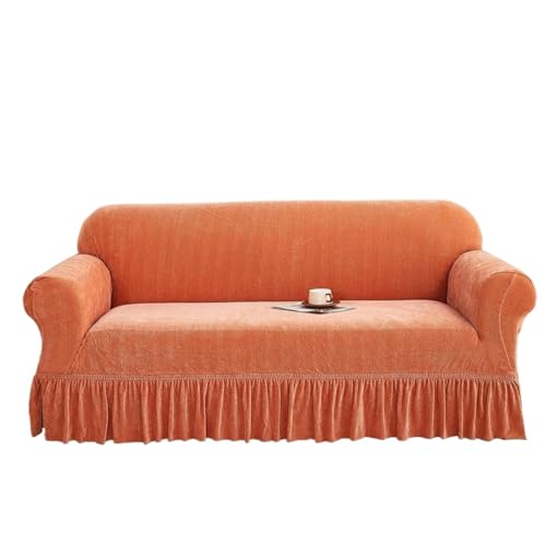 JHOMHF Stretch Sofabezug Schonbezug universeller Chenille Couchbezug mit Rock waschbarer Möbelschutz for Schlafsofa Liegesessel(Orange,Double 145-185cm) von JHOMHF