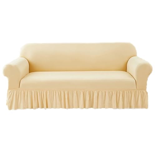 JHOMHF Stretch Sofabezug aus Chenille mit elastischem Rüschenrock universeller waschbarer dehnbarer Möbelschutz(Beige,Three-seat Sofa Cover) von JHOMHF