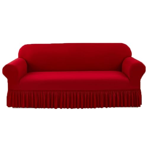 JHOMHF Stretch Sofabezug aus Chenille mit elastischem Rüschenrock universeller waschbarer dehnbarer Möbelschutz(Bright Red,Three-seat Sofa Cover) von JHOMHF