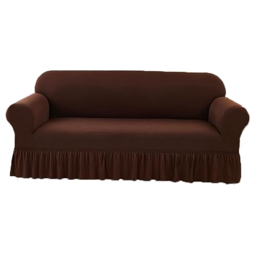 JHOMHF Stretch Sofabezug aus Chenille mit elastischem Rüschenrock universeller waschbarer dehnbarer Möbelschutz(Coffee,Double-seat Sofa Cover) von JHOMHF