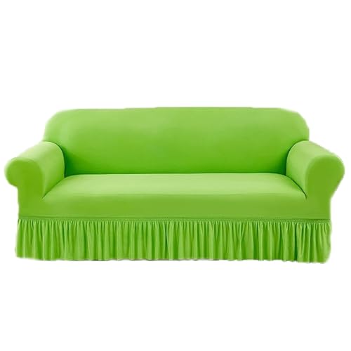 JHOMHF Stretch Sofabezug aus Chenille mit elastischem Rüschenrock universeller waschbarer dehnbarer Möbelschutz(Fruit Green,Three-seat Sofa Cover) von JHOMHF