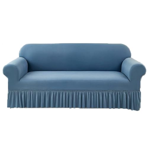 JHOMHF Stretch Sofabezug aus Chenille mit elastischem Rüschenrock universeller waschbarer dehnbarer Möbelschutz(Gray Blue,Four-seat Sofa Cover) von JHOMHF