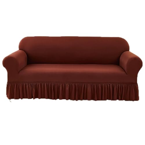 JHOMHF Stretch Sofabezug aus Chenille mit elastischem Rüschenrock universeller waschbarer dehnbarer Möbelschutz(Light Coffee,Double-seat Sofa Cover) von JHOMHF