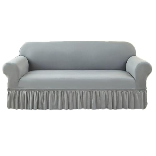 JHOMHF Stretch Sofabezug aus Chenille mit elastischem Rüschenrock universeller waschbarer dehnbarer Möbelschutz(Light Gray,Three-seat Sofa Cover) von JHOMHF