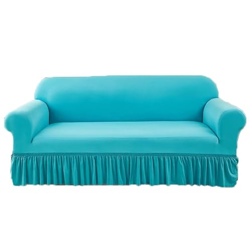 JHOMHF Stretch Sofabezug aus Chenille mit elastischem Rüschenrock universeller waschbarer dehnbarer Möbelschutz(Navy Blue,Three-seat Sofa Cover) von JHOMHF