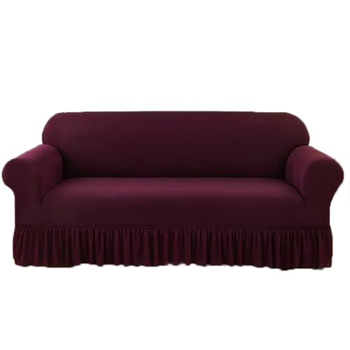 JHOMHF Stretch Sofabezug aus Chenille mit elastischem Rüschenrock universeller waschbarer dehnbarer Möbelschutz(Red Bean Paste,Three-seat Sofa Cover) von JHOMHF