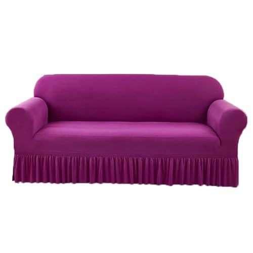 JHOMHF Stretch Sofabezug aus Chenille mit elastischem Rüschenrock universeller waschbarer dehnbarer Möbelschutz(Red Purple,Three-seat Sofa Cover) von JHOMHF