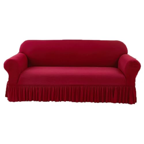 JHOMHF Stretch Sofabezug aus Chenille mit elastischem Rüschenrock universeller waschbarer dehnbarer Möbelschutz(Wine Red,Three-seat Sofa Cover) von JHOMHF