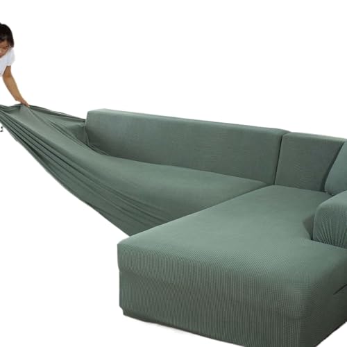 JHOMHF Super Stretch Sofabezug in LmForm Dicker angepasster Couchbezug knitterfreie Spandex Mischung rutschfest for Sofas und Anbausofas(Green,Quintuple 305-360cm) von JHOMHF