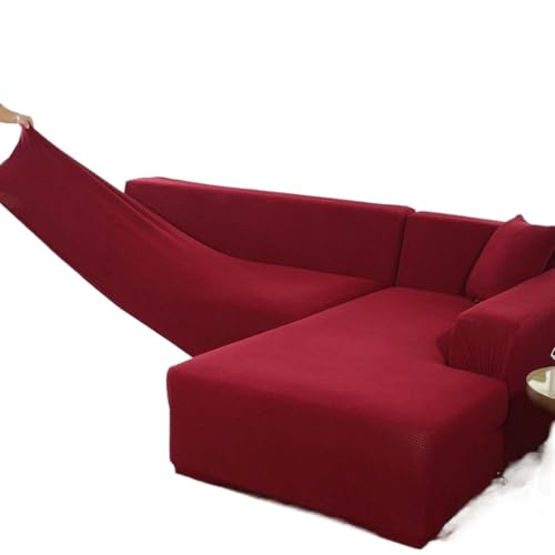 JHOMHF Super Stretch Sofabezug in LmForm Dicker angepasster Couchbezug knitterfreie Spandex Mischung rutschfest for Sofas und Anbausofas(Red,Quad 235-300cm) von JHOMHF