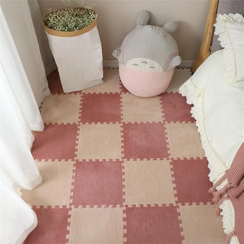 JHOMHF Waschbarer, flauschiger Shaggy-Milchsamt-Patchwork-Teppich, ineinandergreifende Teppichfliesen mit einfacher Installation, langlebige Puzzle-Matten für Wohnzimmer, Schlafzimmer (weiß + braun von JHOMHF