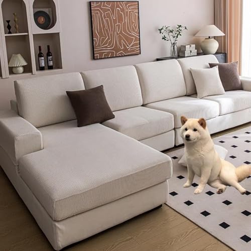 JHOMHF Waschbarer Stretch Sofabezug for L förmiges Sofa, Rutschfester Möbelschutz wasserdichter haustierfreundlicher Schonbezug for L förmige Sofas(Beige,Plus XL Four People) von JHOMHF