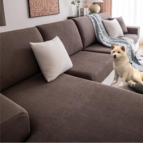 JHOMHF Waschbarer Stretch Sofabezug for L förmiges Sofa, Rutschfester Möbelschutz wasserdichter haustierfreundlicher Schonbezug for L förmige Sofas(Brown,Plus XL Four People) von JHOMHF