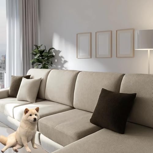 JHOMHF Waschbarer Stretch Sofabezug for L förmiges Sofa, Rutschfester Möbelschutz wasserdichter haustierfreundlicher Schonbezug for L förmige Sofas(Khaki,Plus XL Four People) von JHOMHF