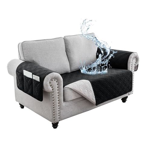 JHOMHF Wasserdichter Sofabezug waschbarer Rutschfester Schonbezug mit Seitentaschen haustierfreundlicher Möbelschutz for Couches und Sofas leicht zu reinigen(Black,2 Persons Plus) von JHOMHF