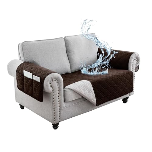 JHOMHF Wasserdichter Sofabezug waschbarer Rutschfester Schonbezug mit Seitentaschen haustierfreundlicher Möbelschutz for Couches und Sofas leicht zu reinigen(Brown,2 Persons Plus) von JHOMHF