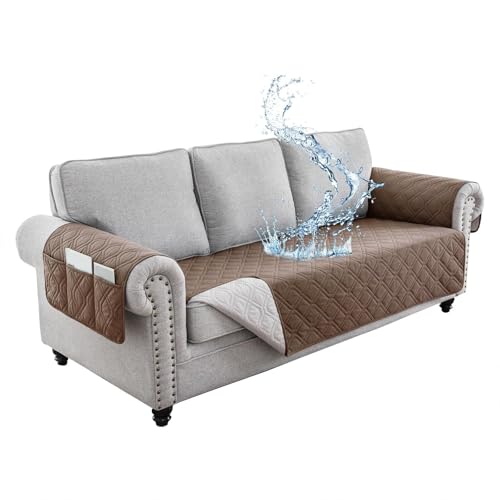 JHOMHF Wasserdichter Sofabezug waschbarer Rutschfester Schonbezug mit Seitentaschen haustierfreundlicher Möbelschutz for Couches und Sofas leicht zu reinigen(Camel,3 Persons) von JHOMHF
