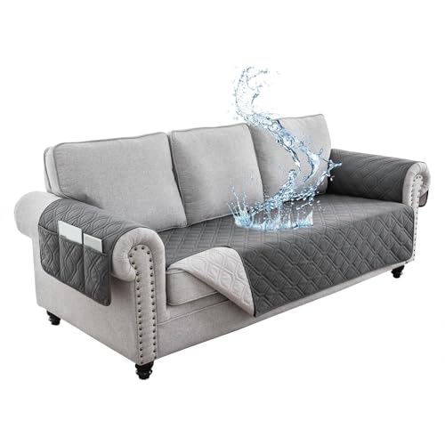 JHOMHF Wasserdichter Sofabezug waschbarer Rutschfester Schonbezug mit Seitentaschen haustierfreundlicher Möbelschutz for Couches und Sofas leicht zu reinigen(Dark Grey,3 Persons) von JHOMHF