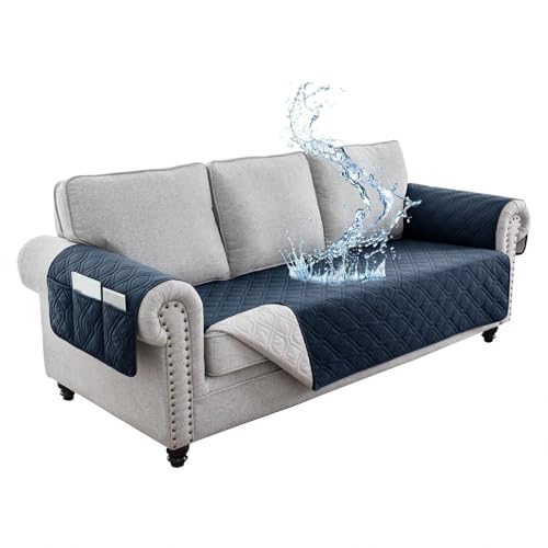 JHOMHF Wasserdichter Sofabezug waschbarer Rutschfester Schonbezug mit Seitentaschen haustierfreundlicher Möbelschutz for Couches und Sofas leicht zu reinigen(Indigo Blue,3 Persons) von JHOMHF