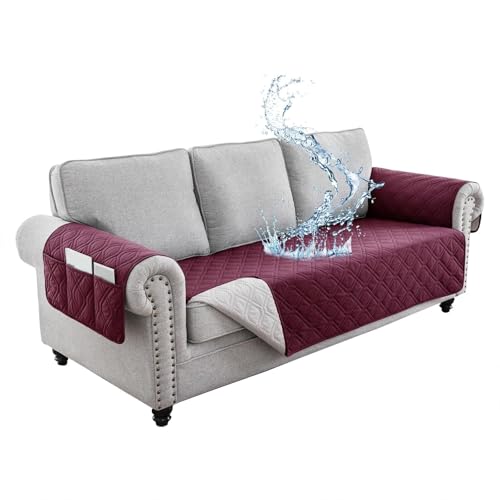 JHOMHF Wasserdichter Sofabezug waschbarer Rutschfester Schonbezug mit Seitentaschen haustierfreundlicher Möbelschutz for Couches und Sofas leicht zu reinigen(Wine,3 Persons) von JHOMHF