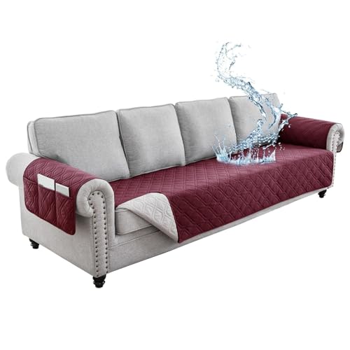 JHOMHF Wasserdichter Sofabezug waschbarer Rutschfester Schonbezug mit Seitentaschen haustierfreundlicher Möbelschutz for Couches und Sofas leicht zu reinigen(Wine,4 Persons) von JHOMHF