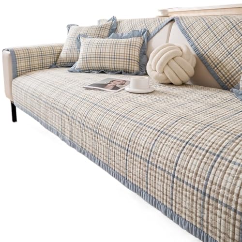 JHOMHF rutschfeste Karierte Gesteppte Sofabezüge aus Baumwolle im Landhausstil rustikaler Sofabezug weicher dehnbarer Möbelschutz for Hunde und Katzen waschbar(Blue,1pc/43"x82"/Rectangular) von JHOMHF