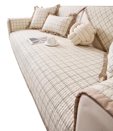 JHOMHF rutschfeste Karierte Gesteppte Sofabezüge aus Baumwolle im Landhausstil rustikaler Sofabezug weicher dehnbarer Möbelschutz for Hunde und Katzen waschbar(Coffee,1pc/43"x94"/Rectangular) von JHOMHF