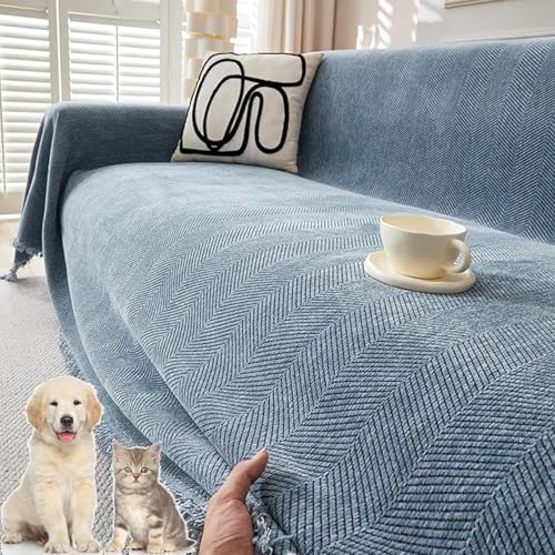 Sofabezug aus Chenille mit Fischgrätenmuster und Quasten waschbar rutschfest Möbelbezug for die Couch haustierfreundlicher Sofaschutz for alle Jahreszeiten(ColorL,180*280CM/70.8*110 inches) von JHOMHF