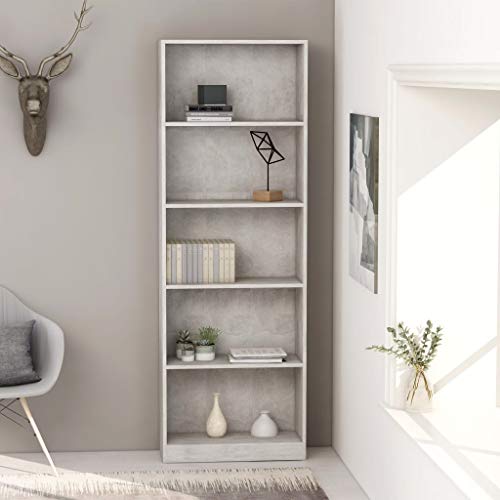 JHQHSM Bücherregal 5 Fächer, Bücherschrank Lagerregal Bookcase Aufbewahrungregal Seitenschrank Geeignet für Flur Büro Arbeitszimmer Schlafzimmer Betongrau 60x24x175 cm Holzwerkstoff von JHQHSM