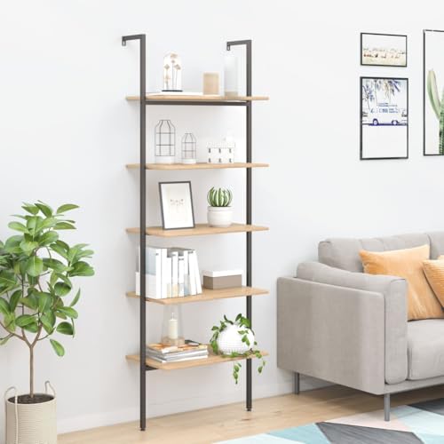 JHQHSM Leiterregal mit 5 Böden, Bücherschrank Lagerregal Bookcase Aufbewahrungregal Geeignet für Arbeitszimmer Büro Flur Schlafzimmer Hellbraun und Schwarz 64x35x185 cm von JHQHSM