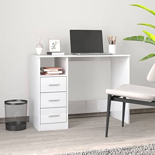 Schreibtisch mit Schubladen, Desk Schreibtische Computertisch Study Table Bürotisch Gaming-Tisch Geeignet für Arbeitszimmer Wohnzimmer Spielzimmer Büro Hochglanz-Weiß 102x50x76 cm von JHQHSM