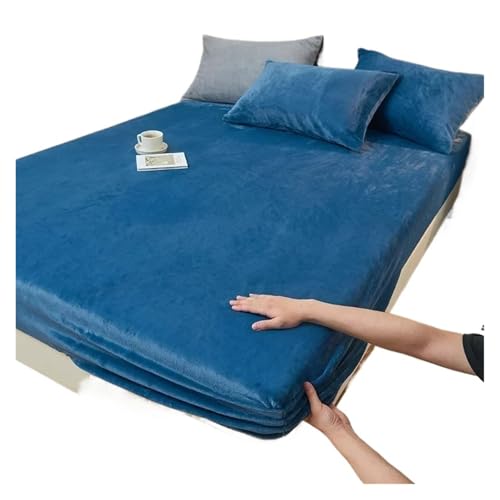 Flanell-Fleece-Spannbetttuch für den Winter, super warm, einfarbig, Wintermatratzenbezug, Queen-Size/Kingsize-Bett (blau, 180 x 200 x 25 cm, 1 Stück) von JHSDHYD