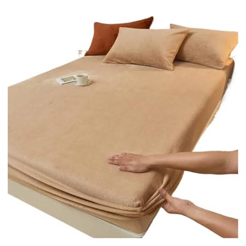 Flanell-Fleece-Spannbetttuch für den Winter, super warm, einfarbig, Wintermatratzenbezug, Queen-Size-Bett (Khaki, 2 Kissenbezüge 48 x 74 cm) von JHSDHYD