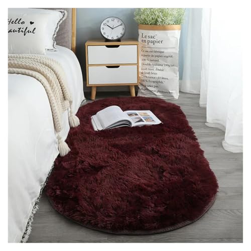 JHSDHYD Bettvorleger rutschfest Ovaler Dicker Teppich for Wohnzimmer, Plüsch-Schlafzimmerteppiche, Langflor-Plüschteppich, Kinderbett, Weiche Samtmatte, Heimdekoration(Dark Red,40X60cm) von JHSDHYD