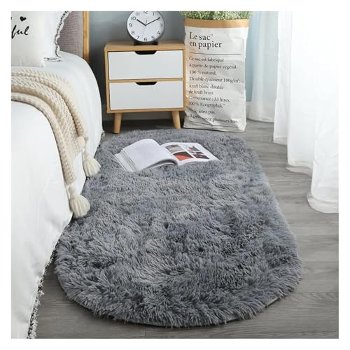 JHSDHYD Bettvorleger rutschfest Ovaler Dicker Teppich for Wohnzimmer, Plüsch-Schlafzimmerteppiche, Langflor-Plüschteppich, Kinderbett, Weiche Samtmatte, Heimdekoration(Grey,60X200cm) von JHSDHYD