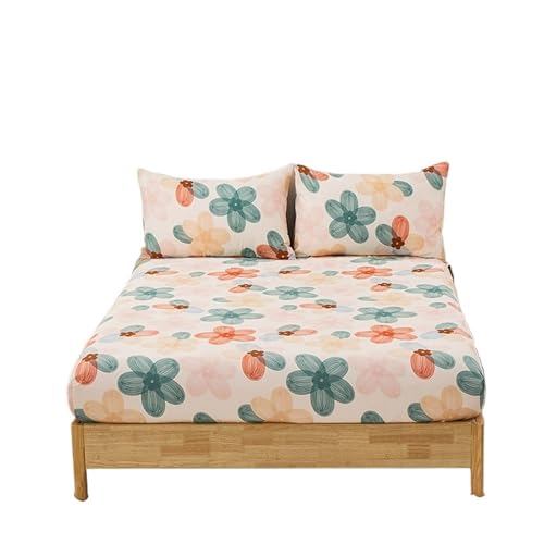 JHSDHYD Flanell-Bettlaken, 3-teilig, Blumenwelt, Spannbetttuch, Blumenmuster, Polyester, 1 Spannbetttuch, 2 Kissenbezüge, Queen-Size-Bett, vier Jahreszeiten, kein Kissenbezug (99 x 190 cm, 3-teilig) von JHSDHYD