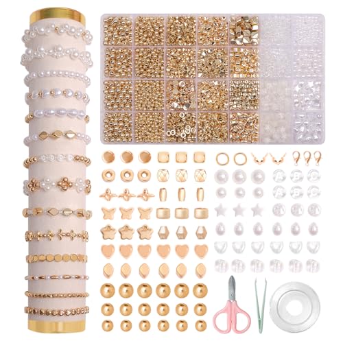 JHWELRG Perlen Weiß Set,Bastelperlen zum Auffädeln,Goldene Perlen für DIY Perlen Set Schmuck Bracelet Making Kit,Feiertage,Partys,Weihnachten JHWELRG Perlen Weiß Set,Bastelperlen zum Auffädeln,Goldene Perlen für DIY Perlen Set Schmuck Bracelet Making Kit,Feiertage,Partys,Weihnachten von JHWELRG