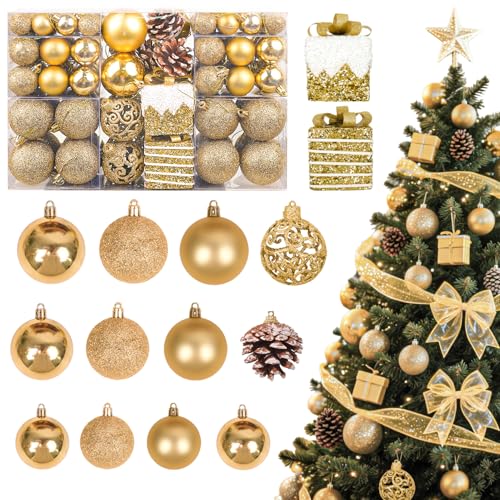 JHWELRG Weihnachtskugeln 101-teiliges Set,christbaumkugeln Gold matt, glänzend, glitzernd,Weihnachtskugeln Kunststoff Set mit tannenzapfen weihnachtsbänder für Weihnachtsbaum deko JHWELRG Weihnachtskugeln 101-teiliges Set,christbaumkugeln Gold matt, glänzend, glitzernd,Weihnachtskugeln Kunststoff Set mit tannenzapfen weihnachtsbänder für Weihnachtsbaum deko von JHWELRG