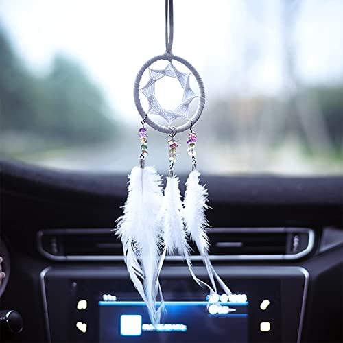 Kleine Traumfänger Handgefertigt, Feder Dreamcatcher mit Perlen Dream Catchers Auto Innen Rückspiegel Deko Ornament Handgemachte für Ornamente Home Wandbehang Dekoration Geschenk (Weiß) von JHXhhthongtong