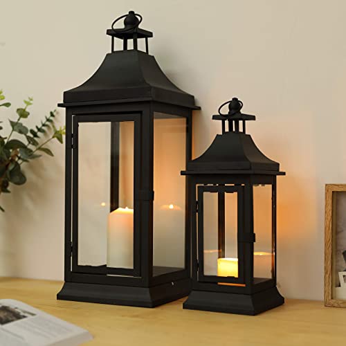 JHY DESIGN 2er-Set 33&49,5 cm Hohe Outdoor Kerzen Laternen Vintage Hängende Turm Laterne Metall Kerzenhalter Deko Glas Windlicht für Garten Wohnzimmer Partys Innen Hochzeiten Balkon Draußen(Schwarz) von JHY DESIGN