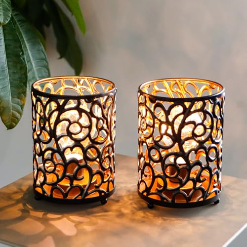 JHY DESIGN 2er Set Batteriebetriebene Lampe 16 cm Hoch mit 6-Stunden-Timer Metall Tischlampe Vintage Schnurlose Lampen LED-Batterielaterne Laterne Nachttischlampe für Deko Indoor Outdoor (Schwarz) von JHY DESIGN