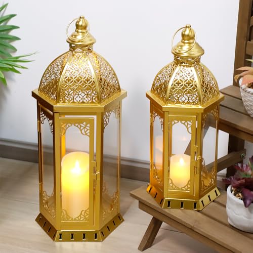 JHY DESIGN 2er-Set Dekorative Kerzenlaternen 50&38 cm Hoch Kerzenhalter für den Außenbereich Vintage-Kerzenständer aus Metall für Garten Veranda Partys Hochzeiten Terrasse Innenbereich Wohndeko (Gold) von JHY DESIGN
