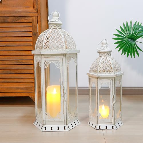 JHY DESIGN 2er-Set Dekorative Kerzenlaternen 50&38 cm Hoch Kerzenhalter für den Außenbereich Vintage-Kerzenständer aus Metall für Garten Veranda Wohnzimmer Innen Außenbereich Hochzeiten Terrasse(Weiß) von JHY DESIGN