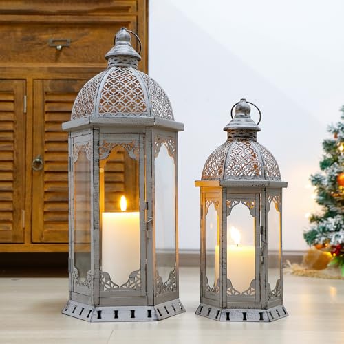 JHY DESIGN 2er-Set Dekorative Kerzenlaternen 50&38 cm hoch Kerzenhalter Vintage-Kerzenständer aus Metall für Garten Veranda Wohnzimmer Innen Außenbereich Partys Hochzeiten Terrasse (Grau) von JHY DESIGN