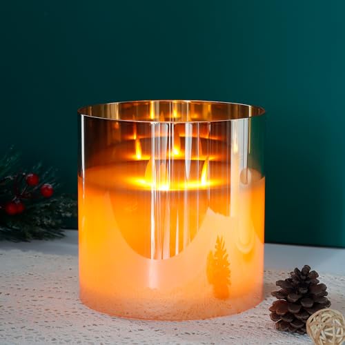 JHY DESIGN 3 Dochte Kerze Echtwachs, Flammenlos LED Batteriekerze mit 6-Stunden Timerfunktion & 3D-Effekt batteriebetrieben in Glas für Weihnachts Wohnzimmer Hochzeit(Klein,Gold) von JHY DESIGN