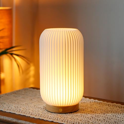 JHY DESIGN 3-Farben Lichtquelle dimmbar Touch Nachttischlampe 23cm hoch Knopfsteuerung Tischlampe 3D gedruckt mit Holzsockel für Schlafzimmer Wohnzimmer drinnen (weiß, Typ-C Aufladung) von JHY DESIGN