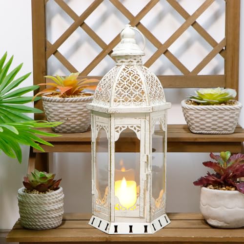 JHY DESIGN Dekorative Hängende Kerzenlaterne 38 cm Hoch Sechseckig Retro Hohl Kuppelförmig Kerzenständer aus Metall für Garten Innen- und Außenbereich Heimdekoration Hochzeitsfeiern (Weiß) von JHY DESIGN
